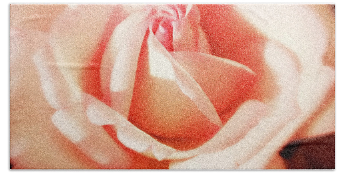 Rose; Roses; Flowers; Flower; Floral; Flora; Pink; Pink Rose; Pink Flowers; Digital Art; Photography; Simple; Decorative; Décor; Macro; Close-up; Vintage; Fantasy; Peach; Apricot Bath Towel featuring the photograph Pink Hope by Tina Uihlein