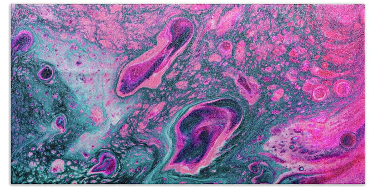 Acrylic Pouring Bath Towel featuring the painting Pink Islands Acrylic Pouring Abstract Fluid Painting by Matthias Hauser