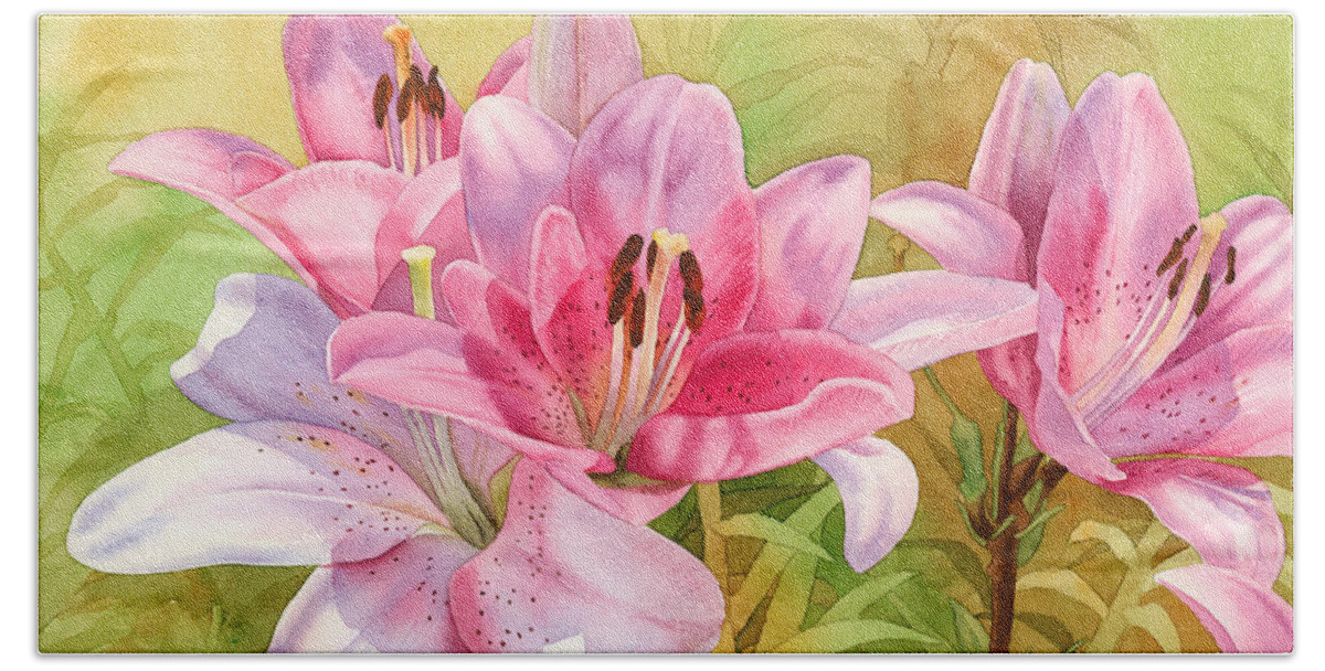 Pink Bath Towel featuring the painting Pink Lilies by Espero Art