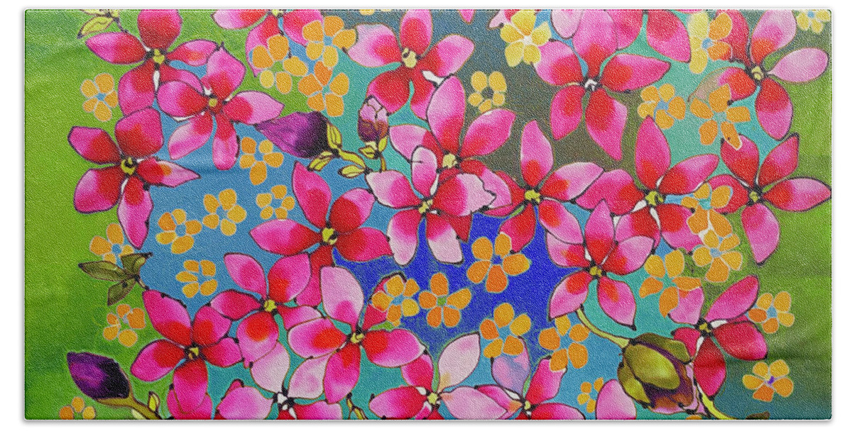 Karla Kay Art Bath Towel featuring the painting Pink magnolia on green hues by Karla Kay Benjamin