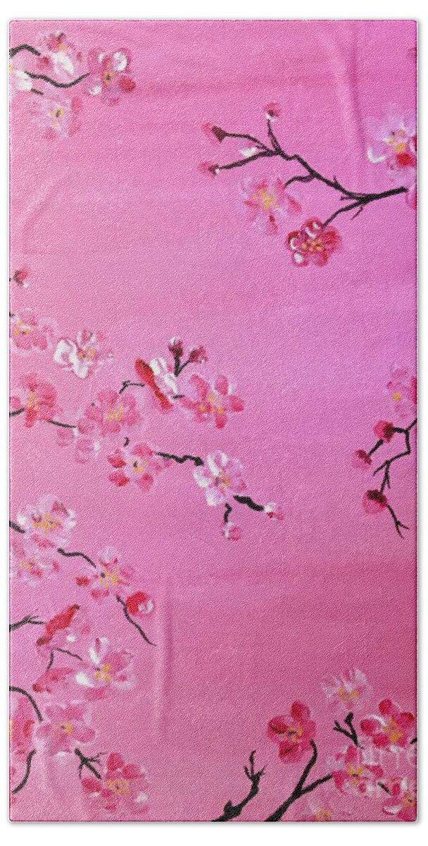 Blossoms Flowers Spring Pink Branches Painting Nature Color Cherry Hand Towel featuring the painting Pink on Pink by Debora Sanders