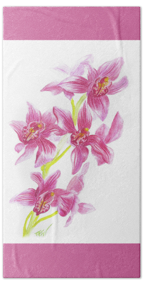 Pink Orchid Bath Towel featuring the drawing Pink Orchid by Tatiana Fess