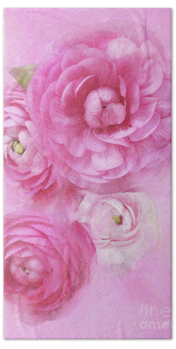 Ranunculus Hand Towel featuring the mixed media Pink Ranunculus Dreams by Shari Warren