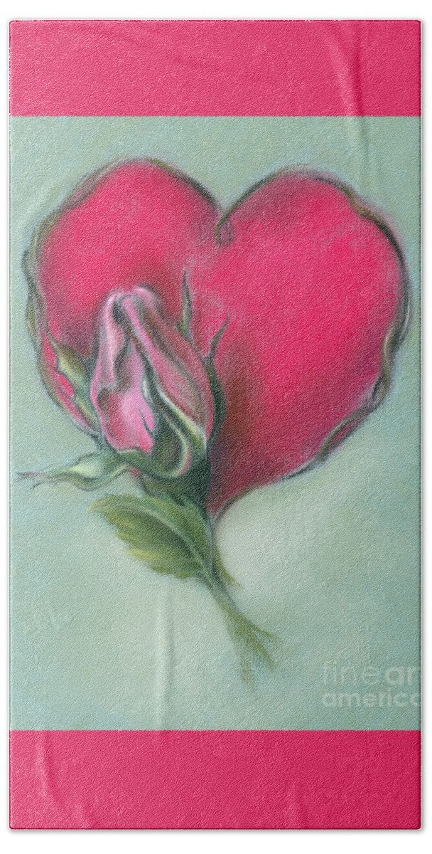 Botanical Hand Towel featuring the painting Pink Rosebud and Heart by MM Anderson