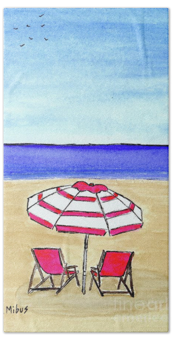 Beach Bath Towel featuring the painting Pink Striped Beach Umbrella by Donna Mibus