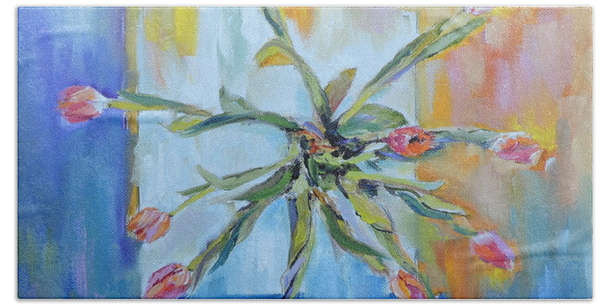 Floral Bath Towel featuring the painting Pinwheel of Tulips by Jodie Marie Anne Richardson Traugott     aka jm-ART