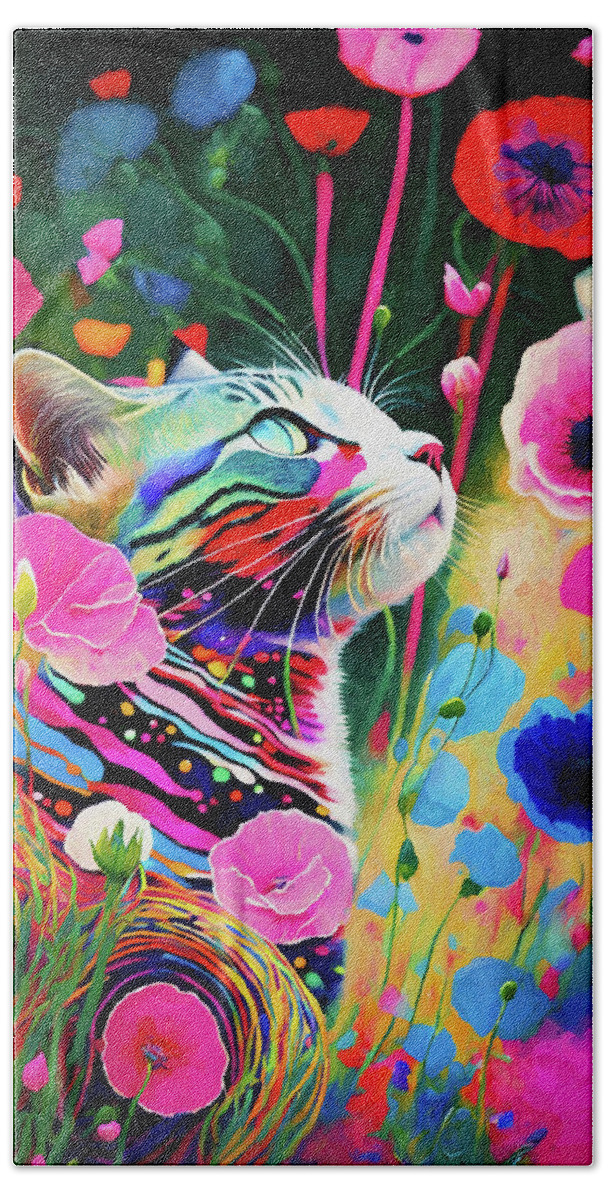 Cat Bath Towel featuring the digital art Pippi in the Poppies by Peggy Collins