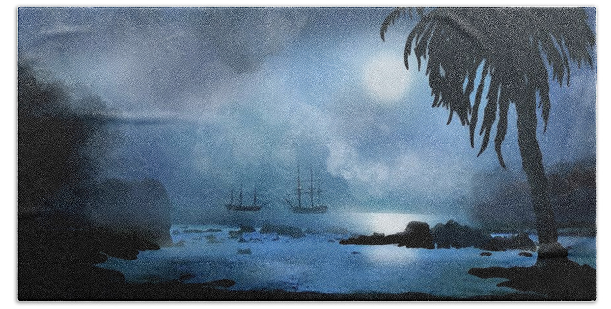 Pirate Hand Towel featuring the painting Pirate ships off the coast of Port Royale by Patricia Piotrak