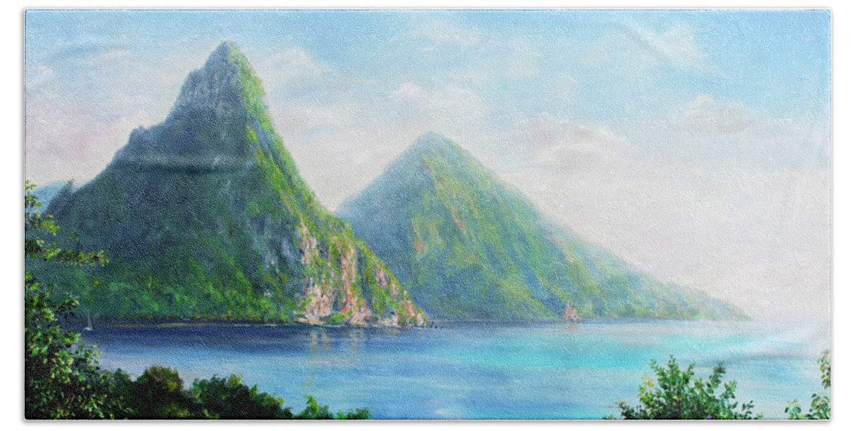 Saint Lucia. Pitons Hand Towel featuring the painting Pitons- early afternoon by Jonathan Guy-Gladding JAG