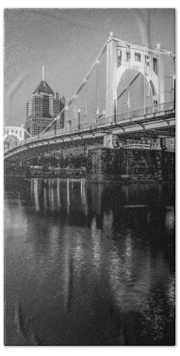 Pittsburgh Skyline Hand Towel featuring the photograph Pittsburgh City Skyline And Clemente Bridge - Black and White by Gregory Ballos