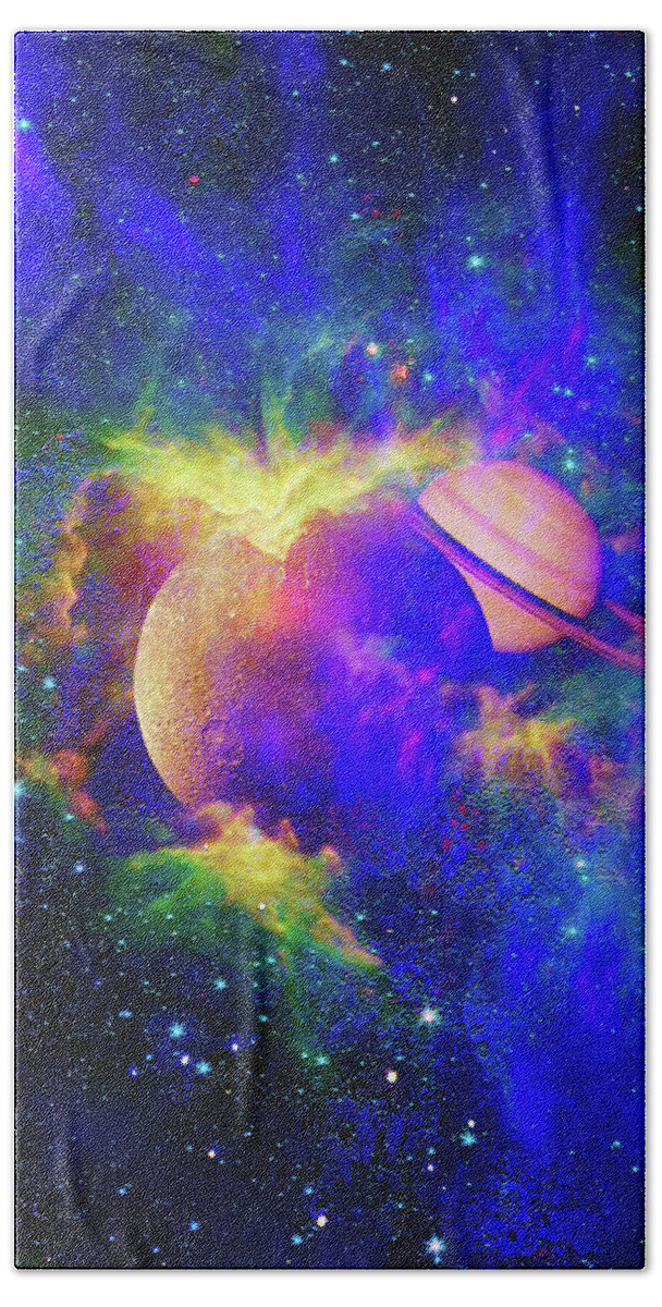 Outer Space Bath Towel featuring the digital art Planets Obscured in a Nebula Cloud by Don White Artdreamer