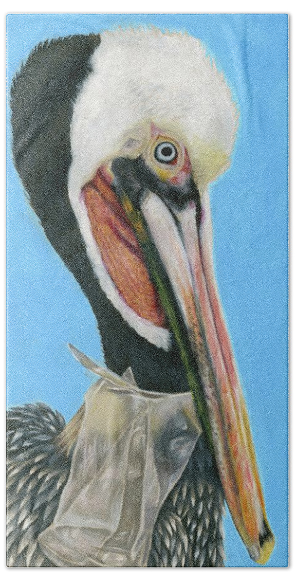 Pelican Hand Towel featuring the painting Plastic Pelican by Juliana Barillas 9th grade by California Coastal Commission