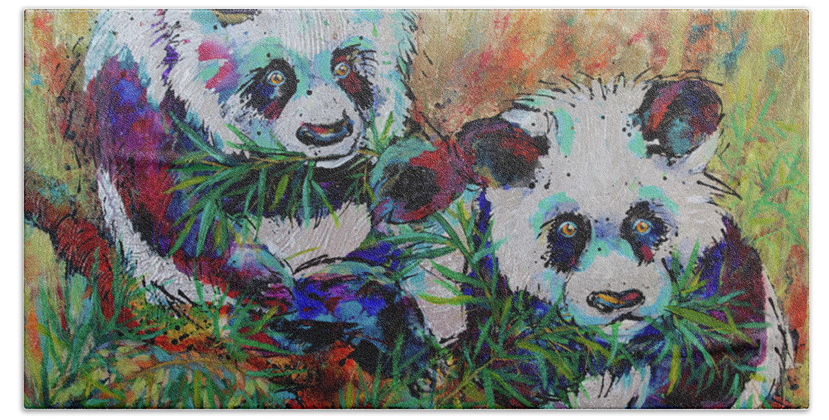 Pandas Bath Towel featuring the painting Playful Giant Pandas by Jyotika Shroff