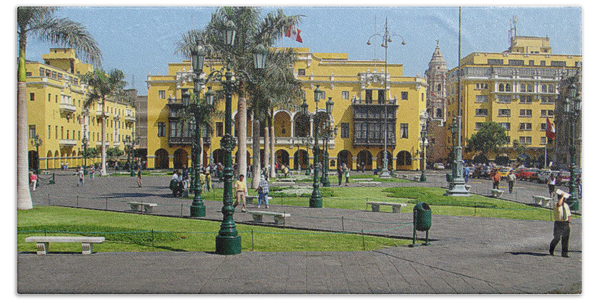 Yellow Buildings Bath Towel featuring the photograph Plaza Mayor Lima Peru by Karen Zuk Rosenblatt