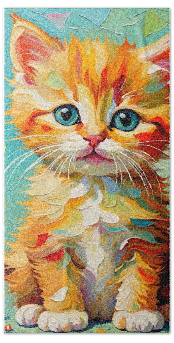 Cat Hand Towel featuring the painting Please Play with me by My Head Cinema
