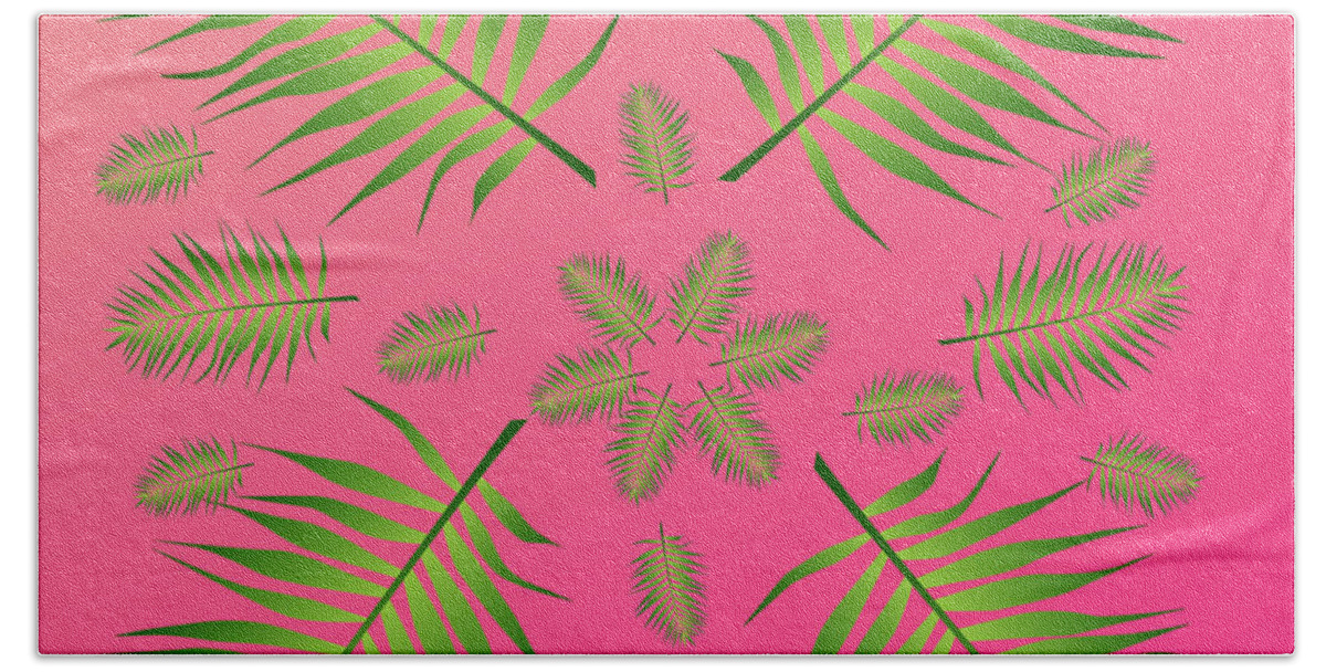 Palm Bath Towel featuring the digital art Plethora of Palm Leaves 11 on a Magenta Gradient Background by Ali Baucom