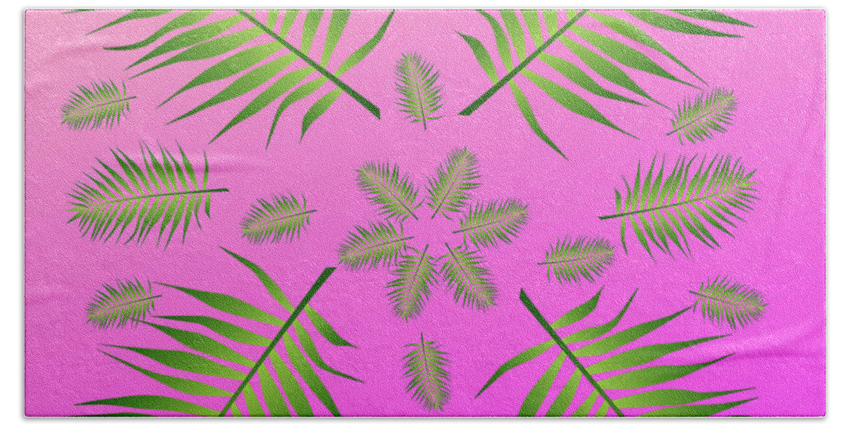 Palm Bath Towel featuring the digital art Plethora of Palm Leaves 15 on a Pink Gradient by Ali Baucom