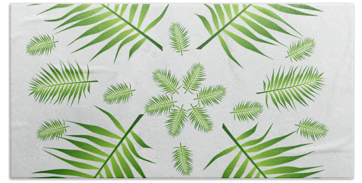 Palm Bath Towel featuring the digital art Plethora of Palm Leaves 21 on a White Textured Background by Ali Baucom