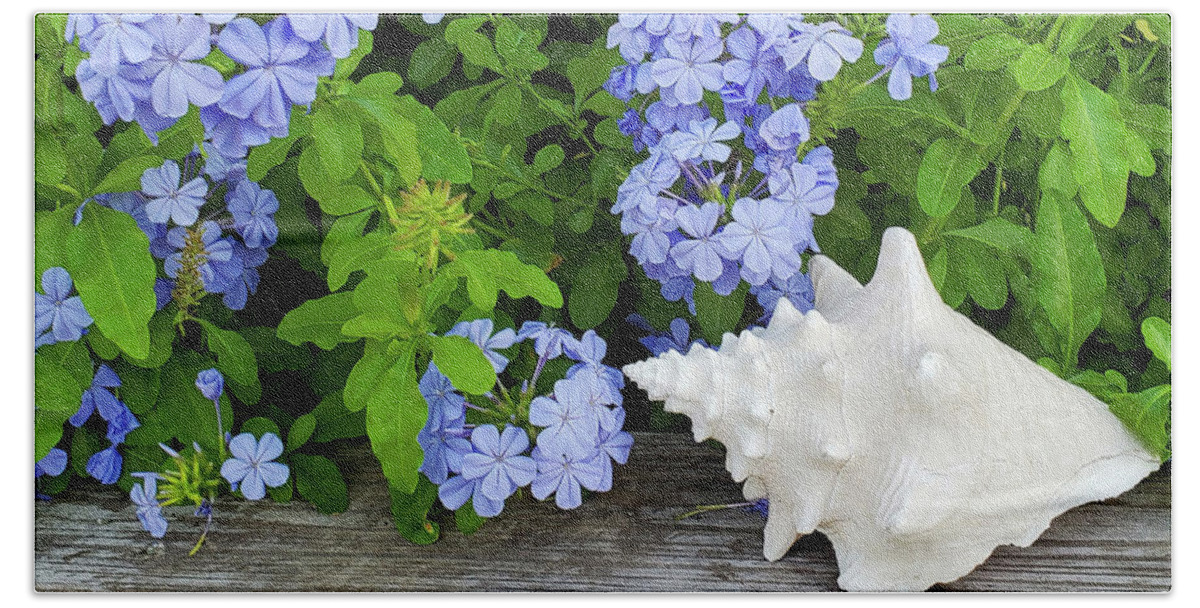 Flowers Bath Towel featuring the photograph Plumbago and the Conch Horizontal by Sharon Williams Eng