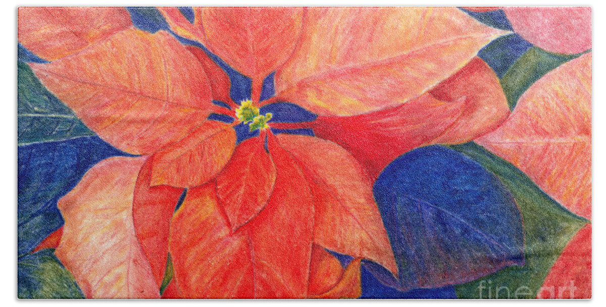 Poinsettia Hand Towel featuring the painting Poinsettia in Orange Red by Conni Schaftenaar