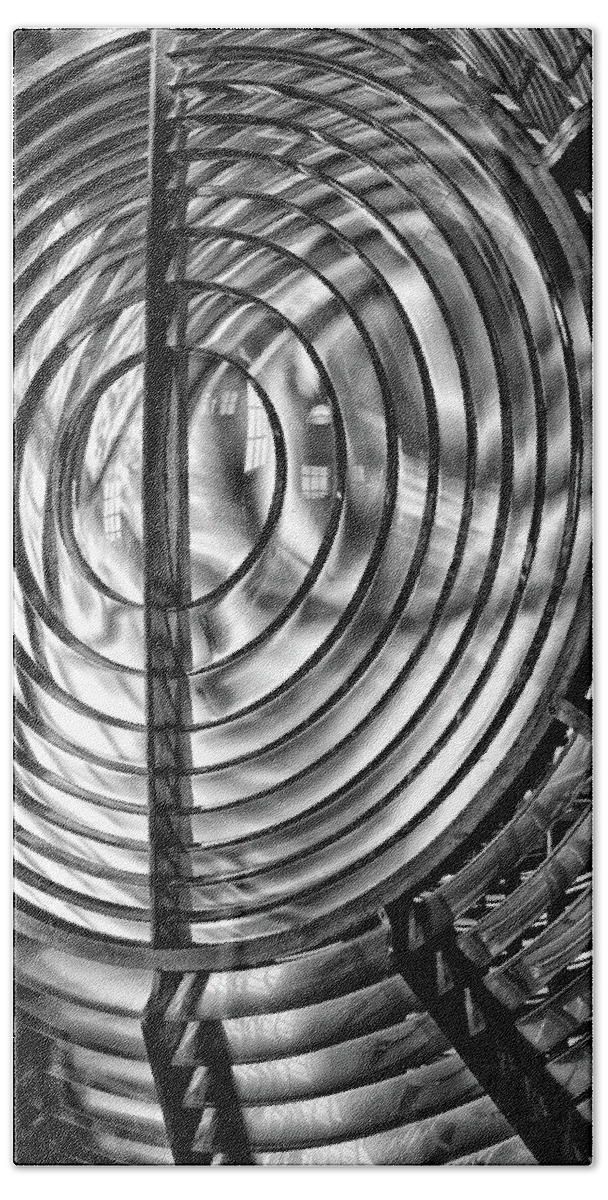 Fresnel Lens Bath Towel featuring the photograph Point Arena Lighthouse Fresnel Lens Glass and Brass Black and White Abstract by Kathleen Bishop