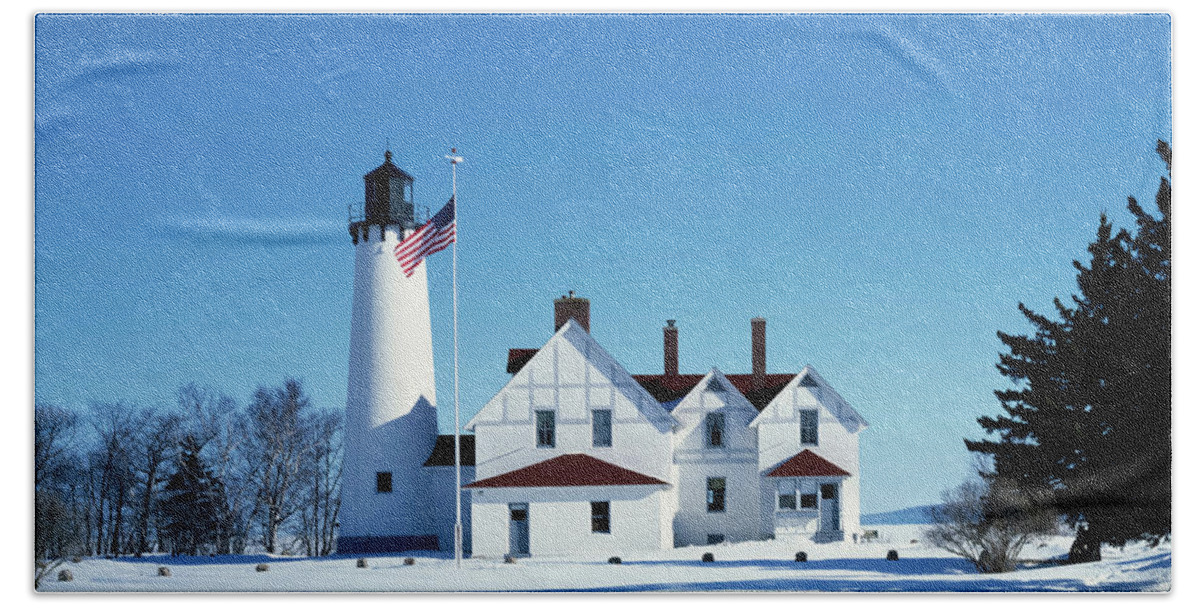 Lighthouse Bath Towel featuring the photograph Point Iroquois Lighthouse by Mango Art