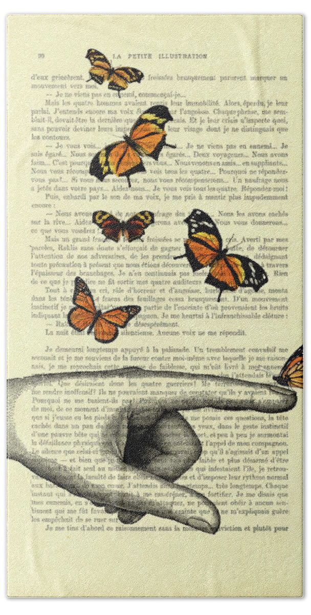 Hand Hand Towel featuring the digital art Pointing finger surrounded by orange butterflies by Madame Memento