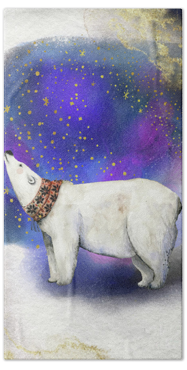 Polar Bear Hand Towel featuring the painting Polar Bear With Golden Stars by Garden Of Delights