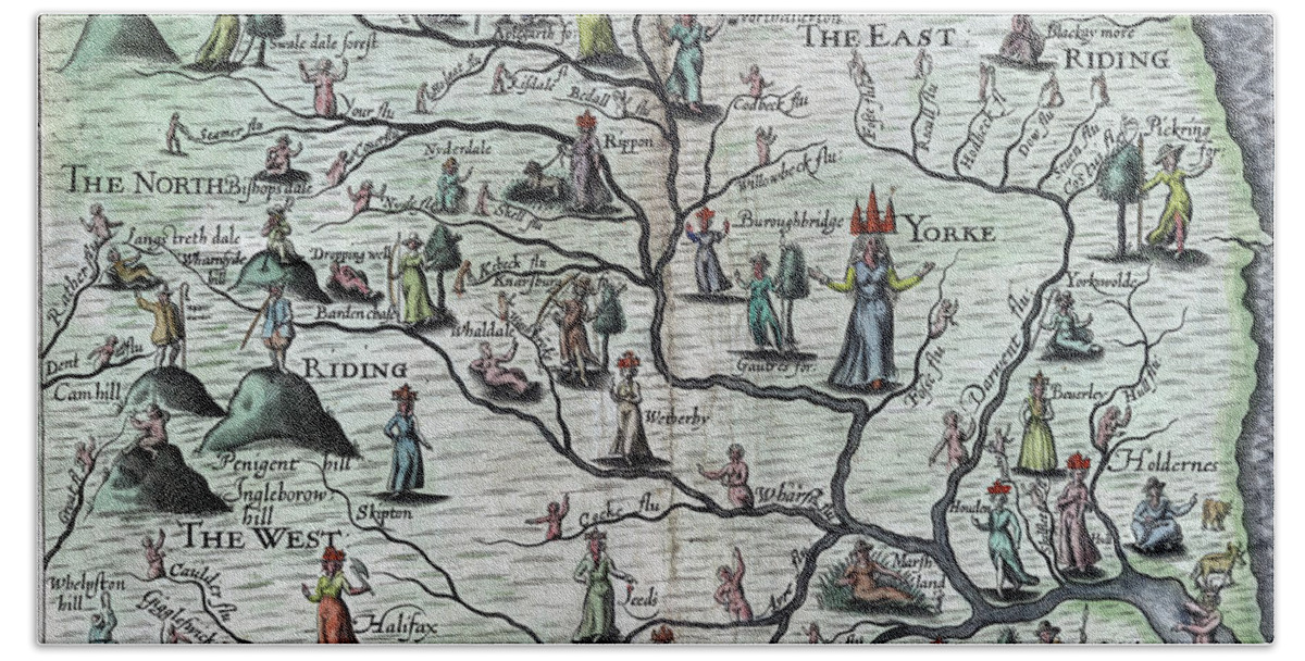1622 Bath Towel featuring the drawing POLY-OLBION - Map of Yorkshire, England, 1622 by Michael Drayton
