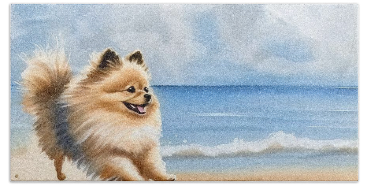 Pomeranian Hand Towel featuring the painting Pomeranian at beach by N Akkash