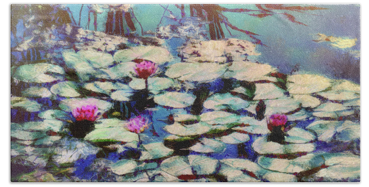 Pond Bath Towel featuring the mixed media Pond Lilies at the End of Summer by Christopher Reed