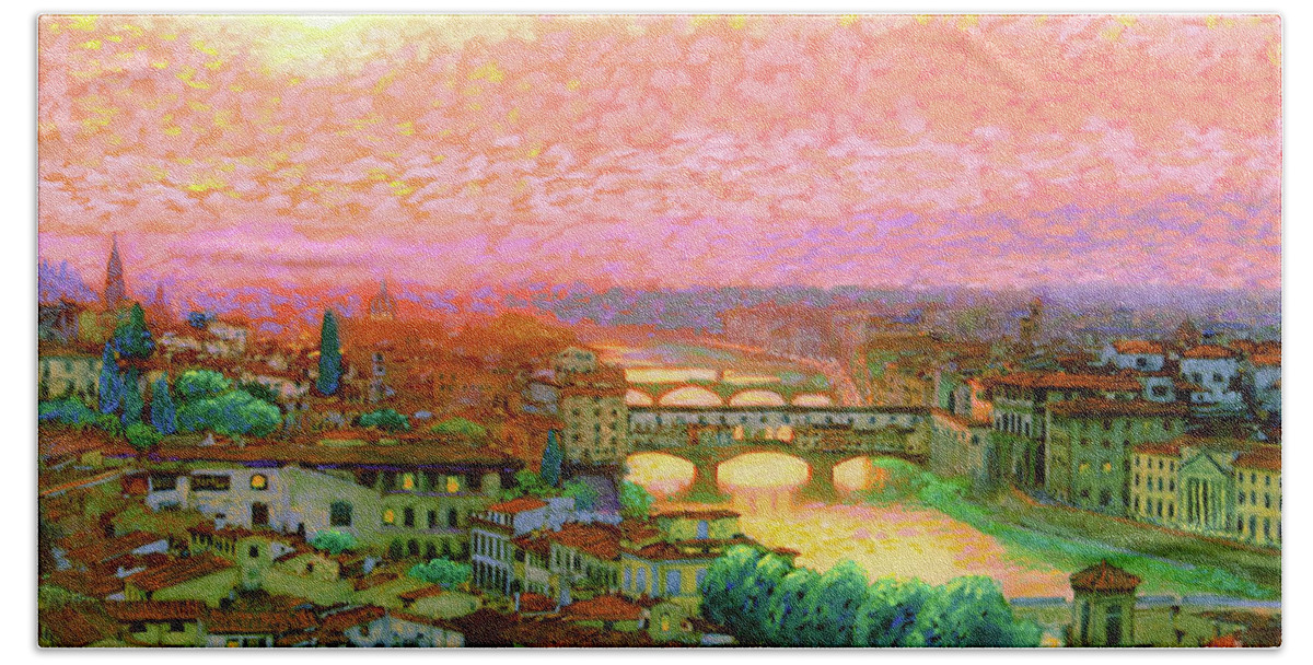Italy Bath Sheet featuring the painting Ponte Vecchio Sunset Florence by Jane Small