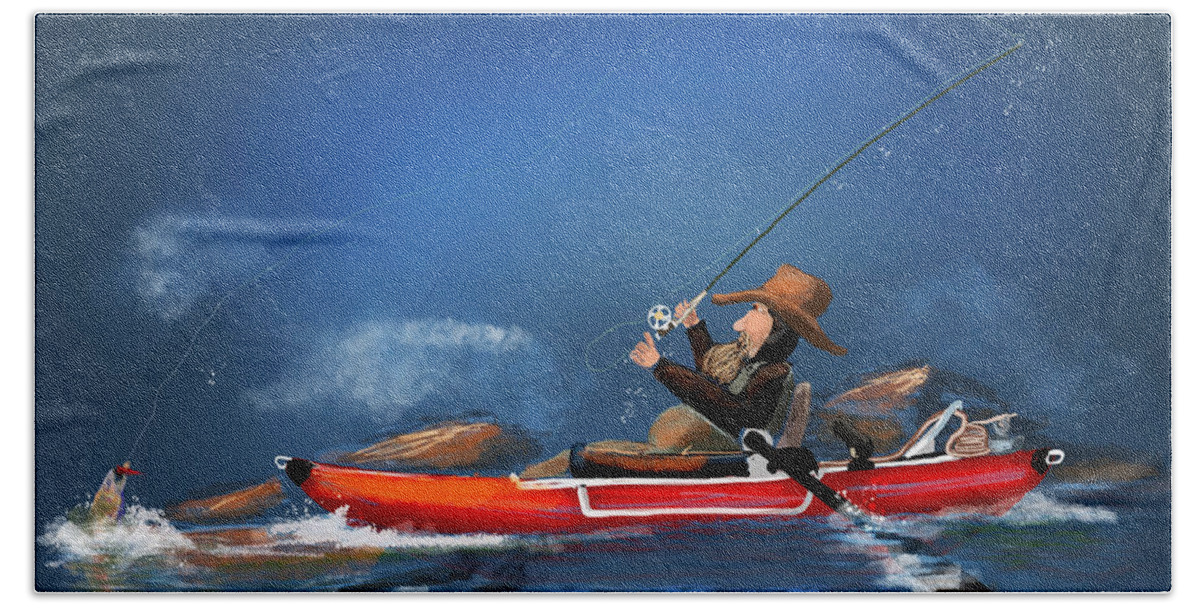 Fishing Bath Towel featuring the digital art Pontoon Fly Fisherman by Doug Gist