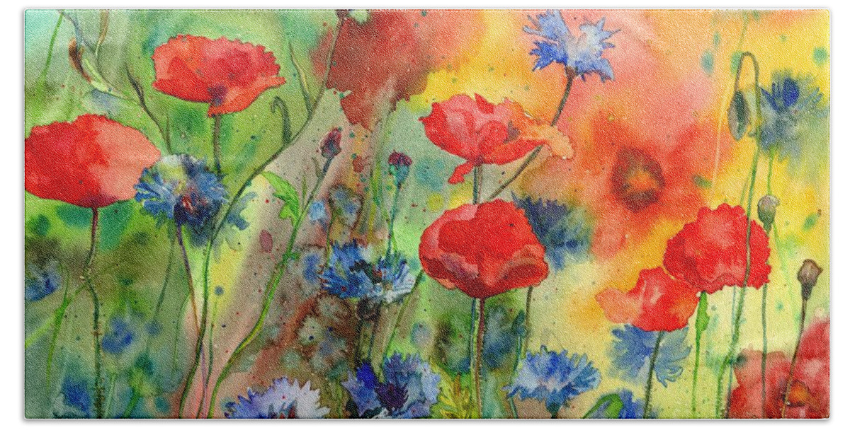 Poppy Hand Towel featuring the painting Poppies and Cornflowers by Suzann Sines
