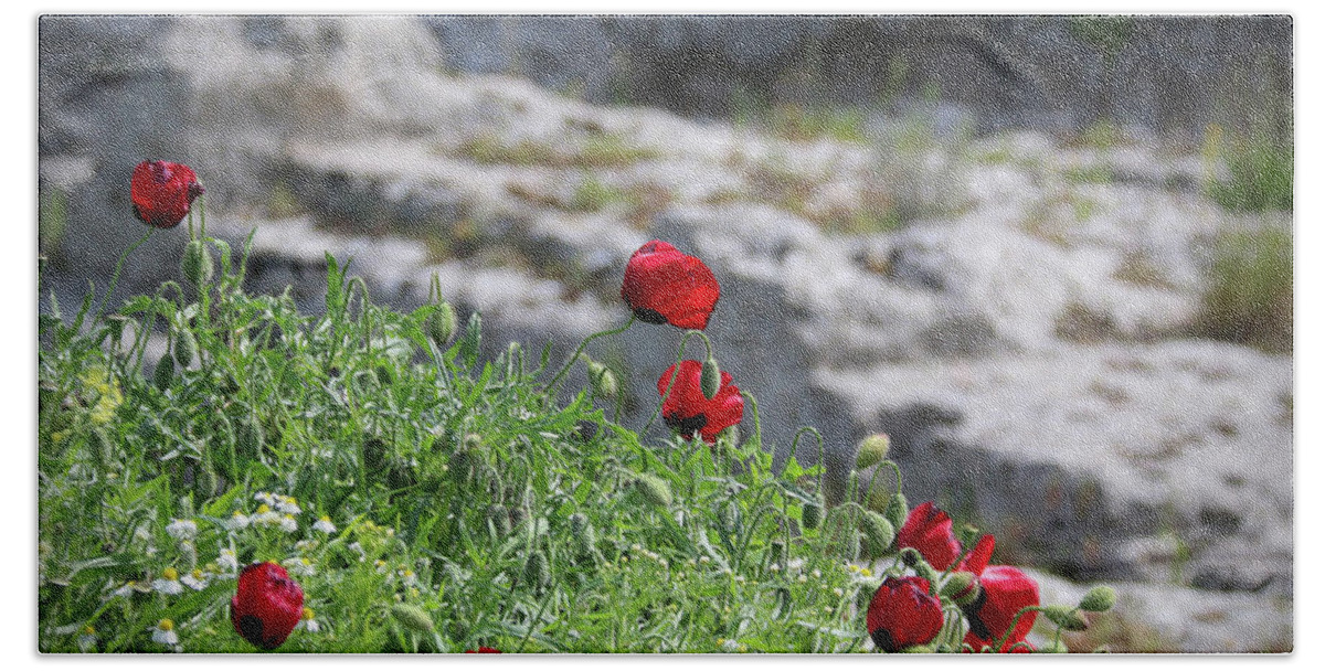 Poppies Bath Towel featuring the photograph Poppies and Ruins by M Kathleen Warren