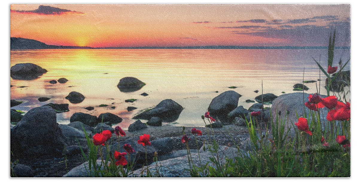 Sea Bath Towel featuring the photograph Poppies By the Sea by Evgeni Dinev