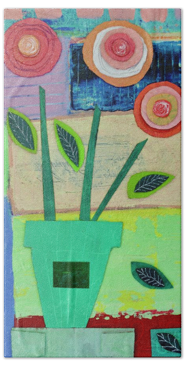 Abstract Bath Towel featuring the mixed media Poppies in a green pot by Julia Malakoff