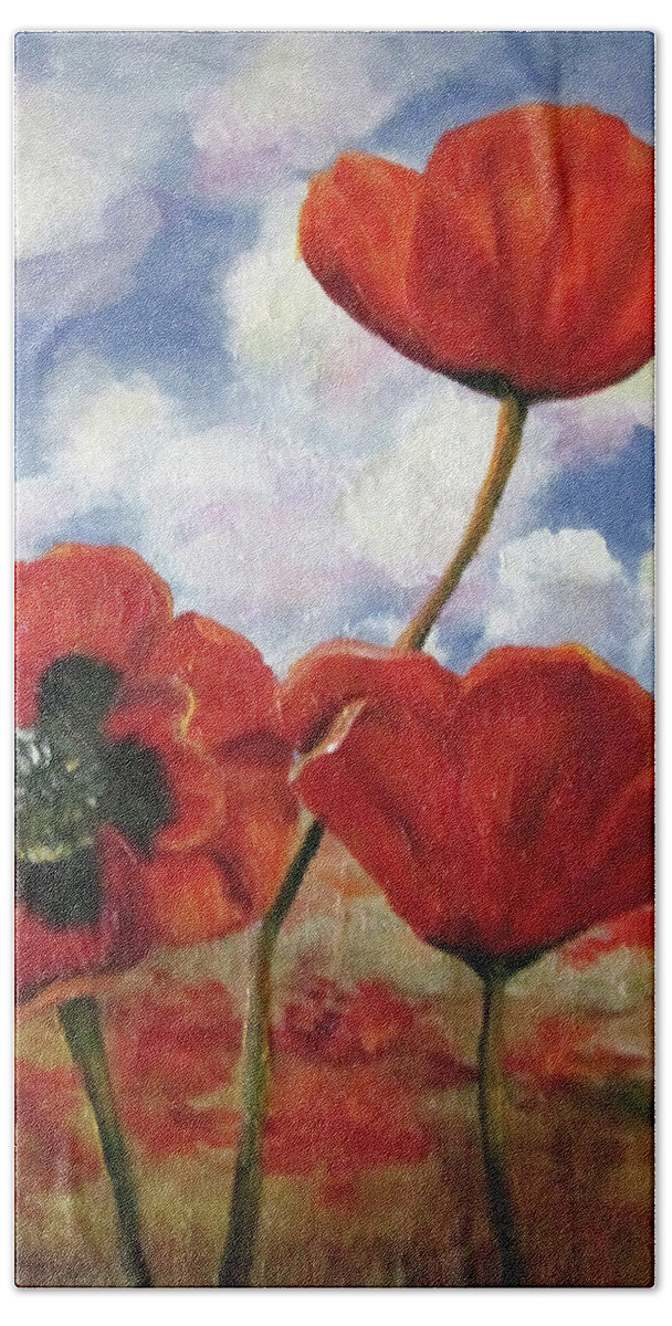 Floral Bath Towel featuring the painting Poppies in the Sky by Barbara Landry