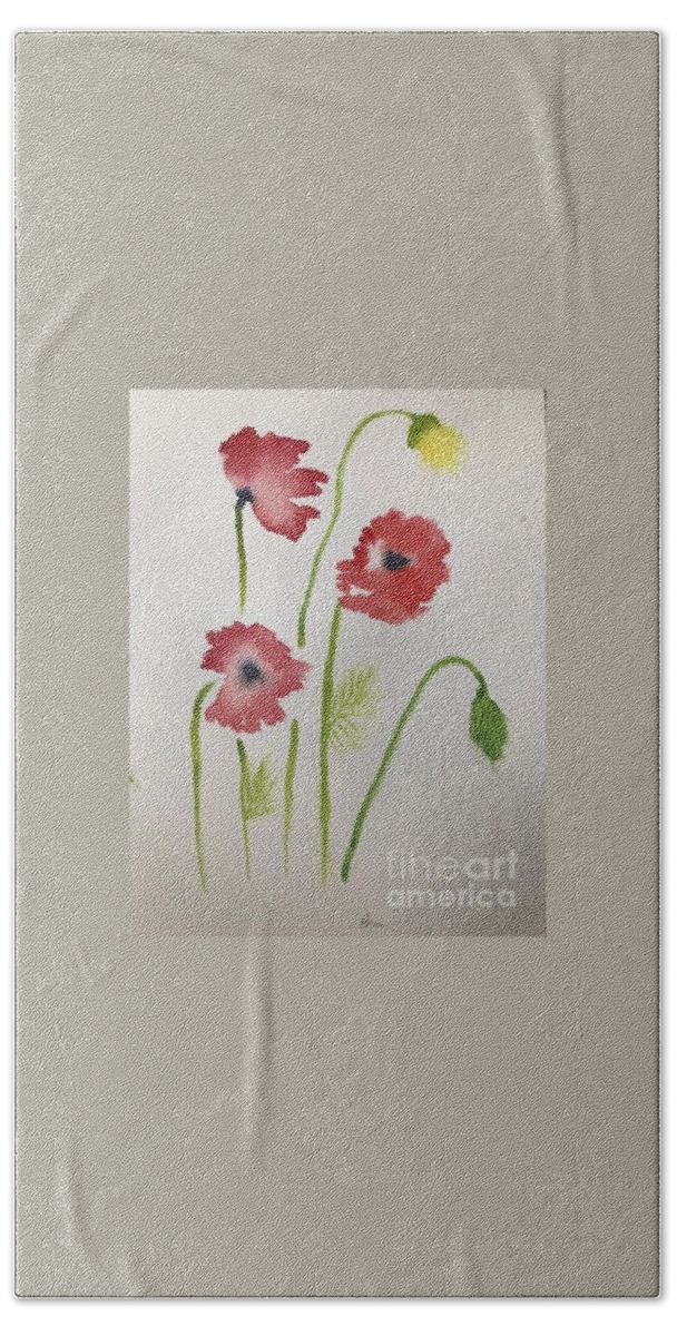 Three Red Poppies Hand Towel featuring the painting Poppies by Nina Jatania