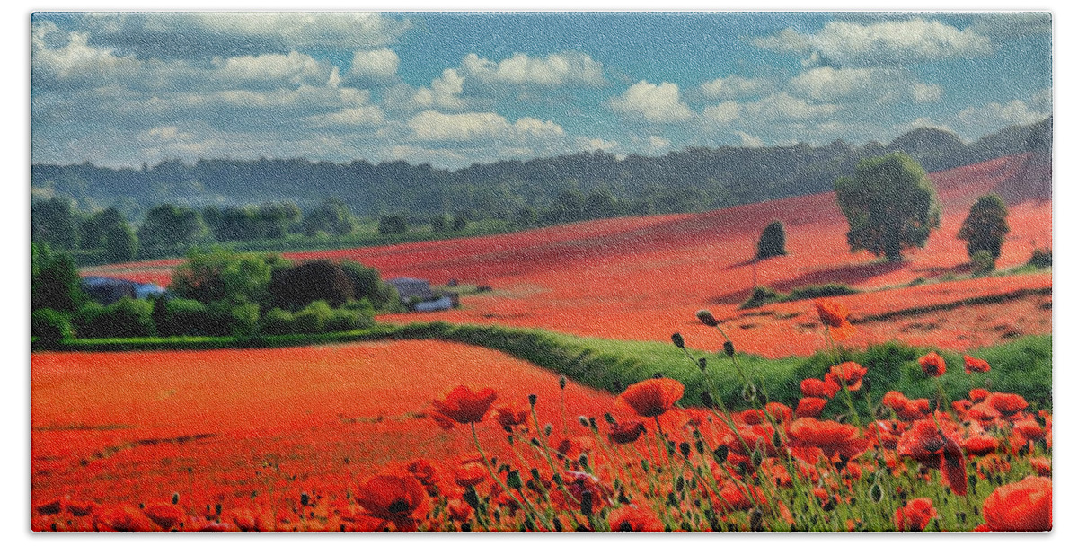 Landscape Hand Towel featuring the photograph Poppy field 8 by Remigiusz MARCZAK