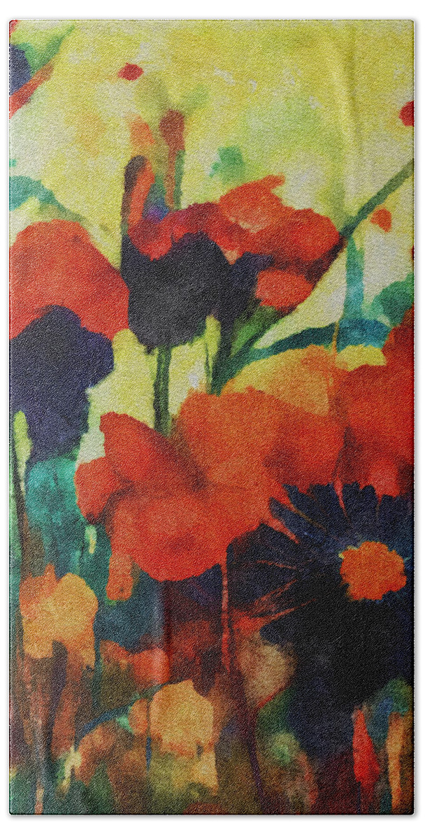 Poppies Bath Towel featuring the mixed media Poppy Fields Forever by Ann Leech