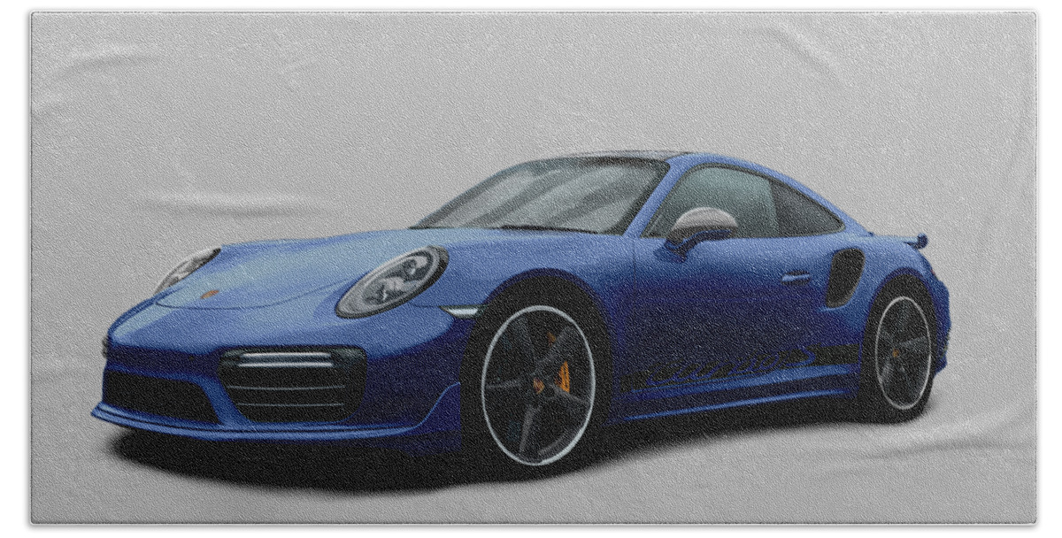 Hand Drawn Bath Towel featuring the digital art Porsche 911 991 Turbo S Digitally Drawn - Dark Blue with side decals script by Moospeed Art