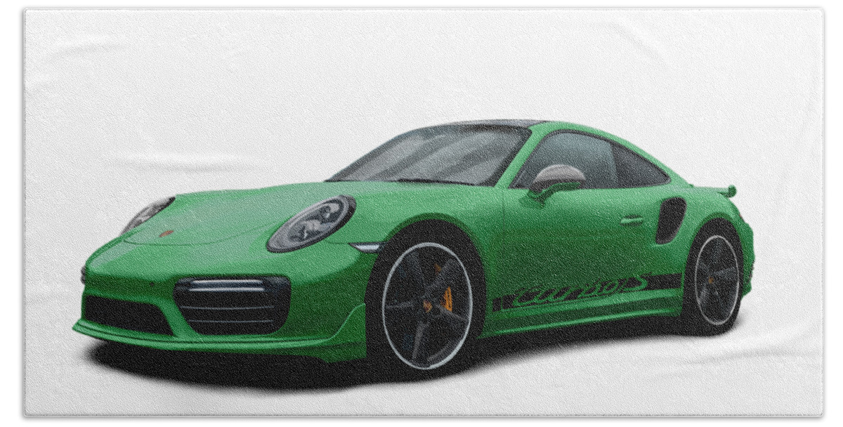 Hand Drawn Bath Towel featuring the digital art Porsche 911 991 Turbo S Digitally Drawn - Green with side decals script by Moospeed Art