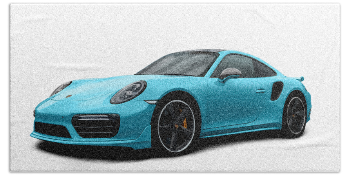 Hand Drawn Bath Towel featuring the digital art Porsche 911 991 Turbo S Digitally Drawn - Light Blue by Moospeed Art