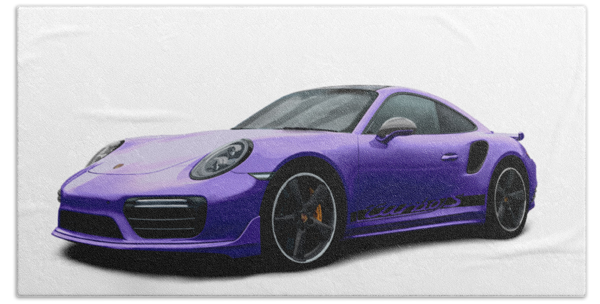 Hand Drawn Bath Towel featuring the digital art Porsche 911 991 Turbo S Digitally Drawn - Purple with side decals script by Moospeed Art