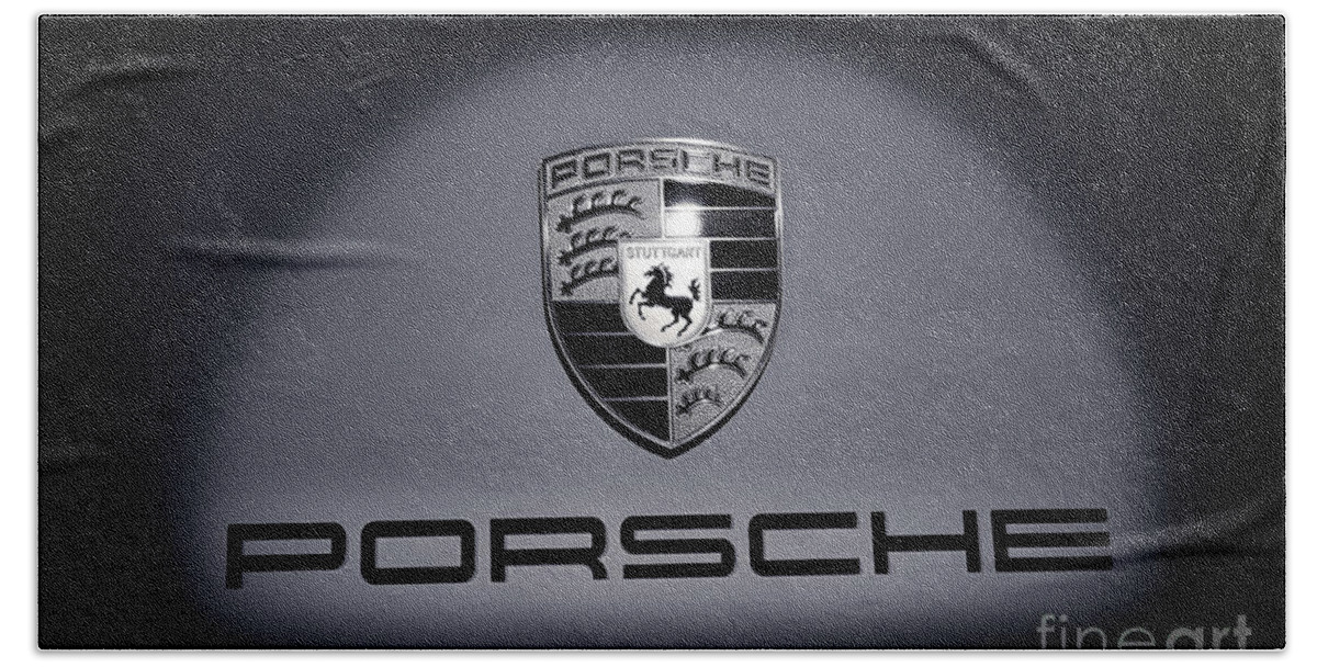 Porsche 911 Hand Towel featuring the photograph Porsche Car Emblem isolated BW 2 by Stefano Senise