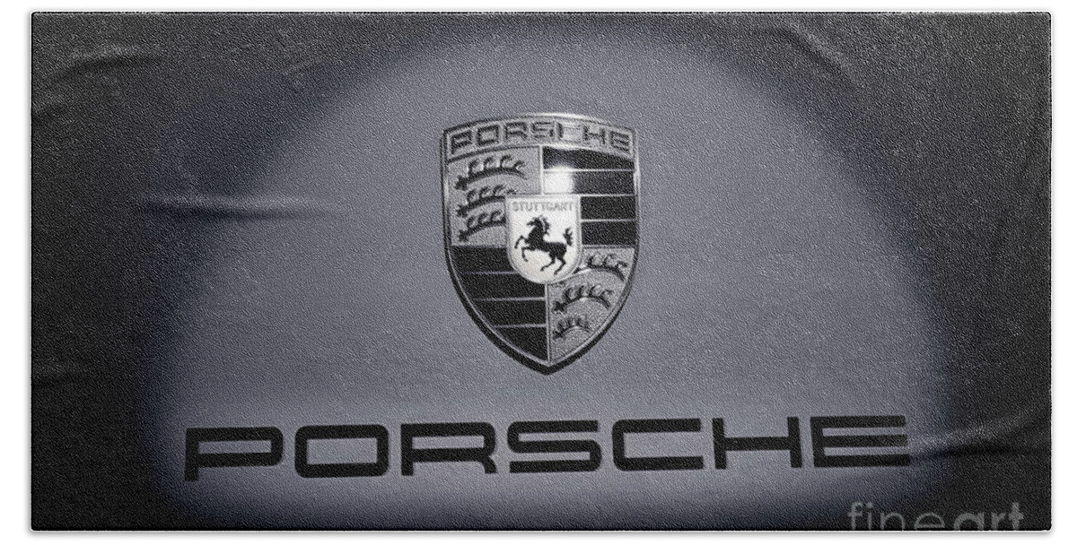 Porsche 911 Bath Towel featuring the photograph Porsche Car Emblem isolated BW 2 by Stefano Senise