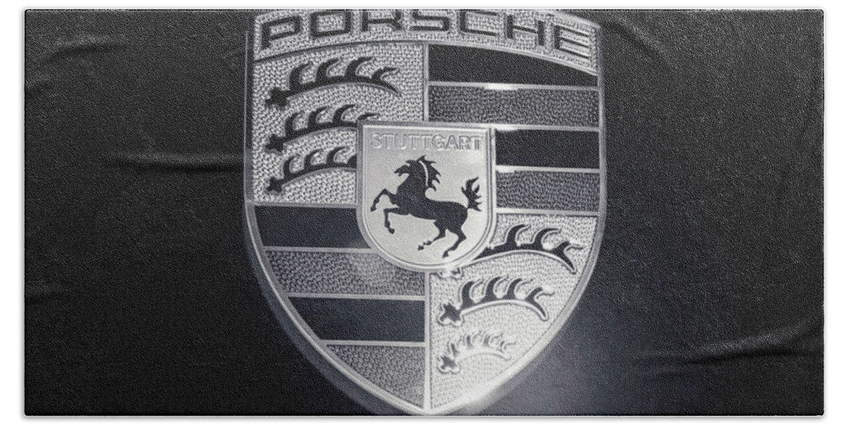Porsche Bath Towel featuring the photograph Porsche Car Emblem isolated BW by Stefano Senise