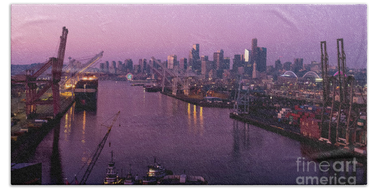 Seattle Hand Towel featuring the photograph Port of Seattle Dusk Skyline by Mike Reid