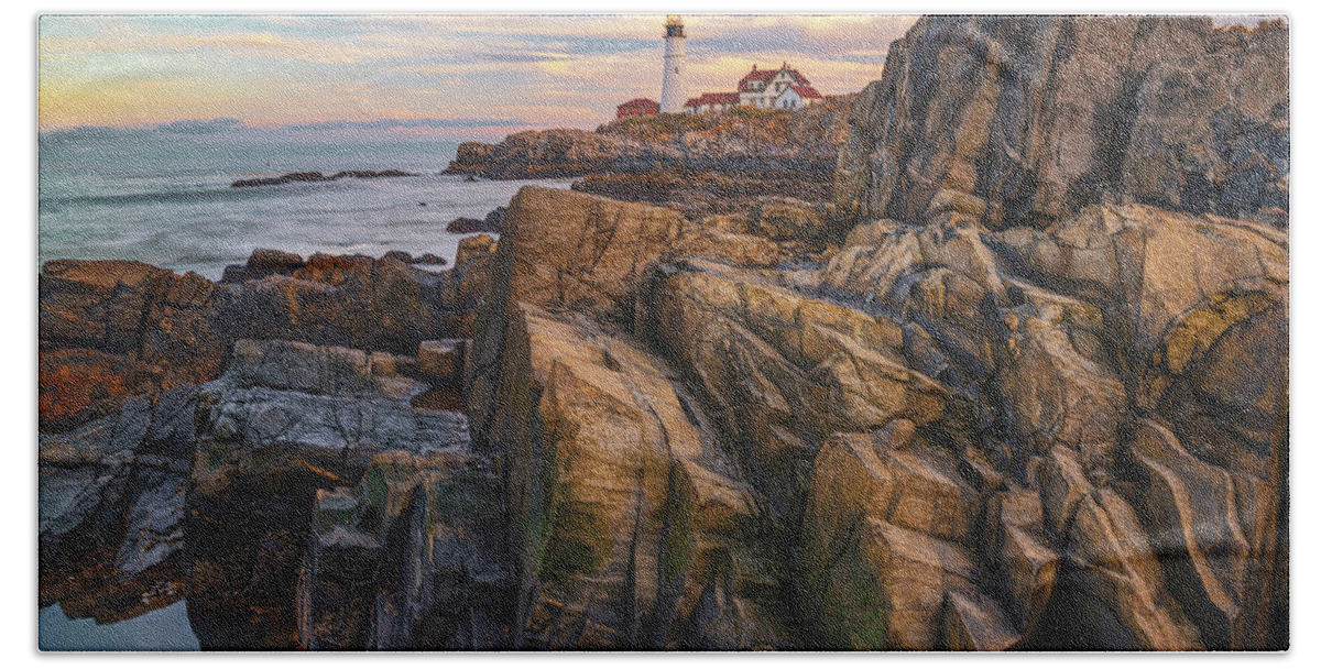 America Hand Towel featuring the photograph Portland Head Light on the Rocks by Gregory Ballos